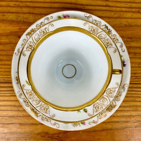 Vintage European Bone China Tea Trio – Floral Gold Filigree | Cup Saucer Plate - Picture 9 of 9